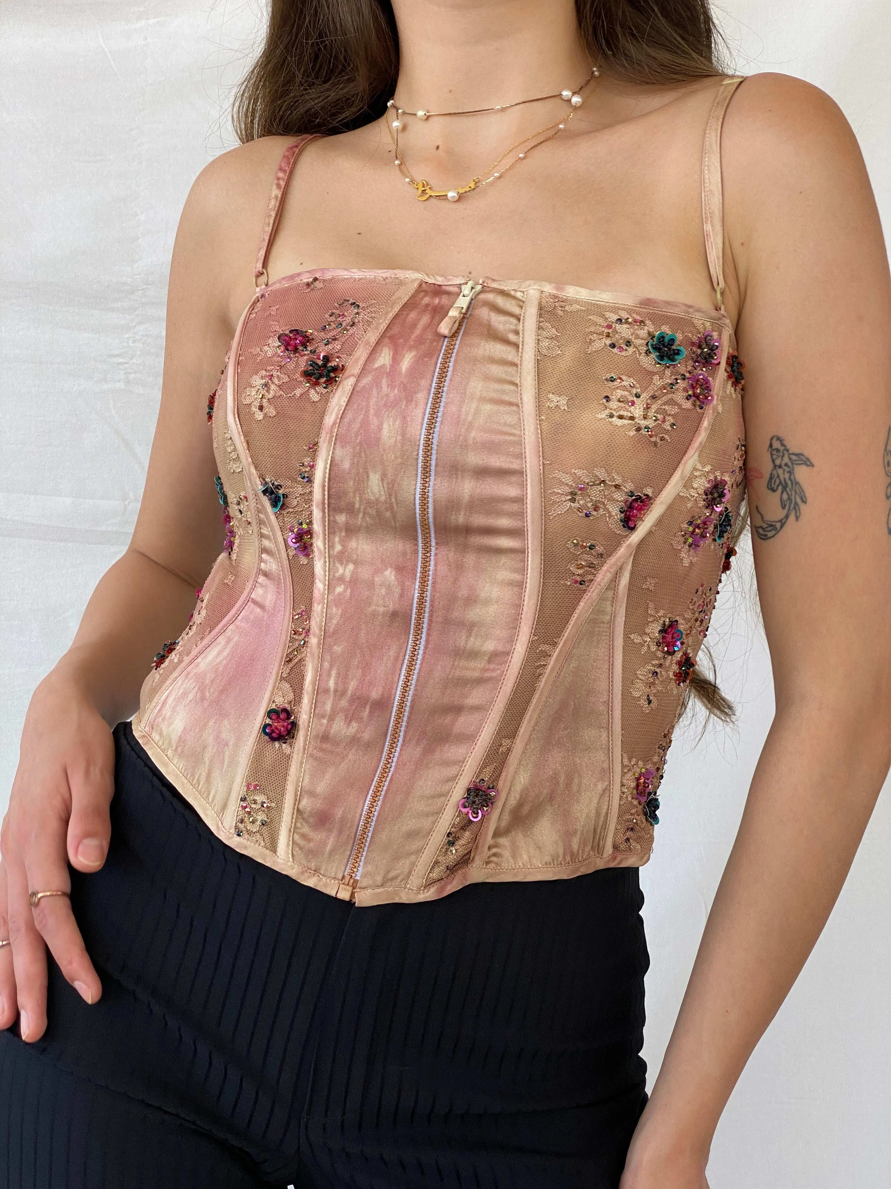 90s Jorando Pink Beaded Lace Zip Front Bustier Corset - S