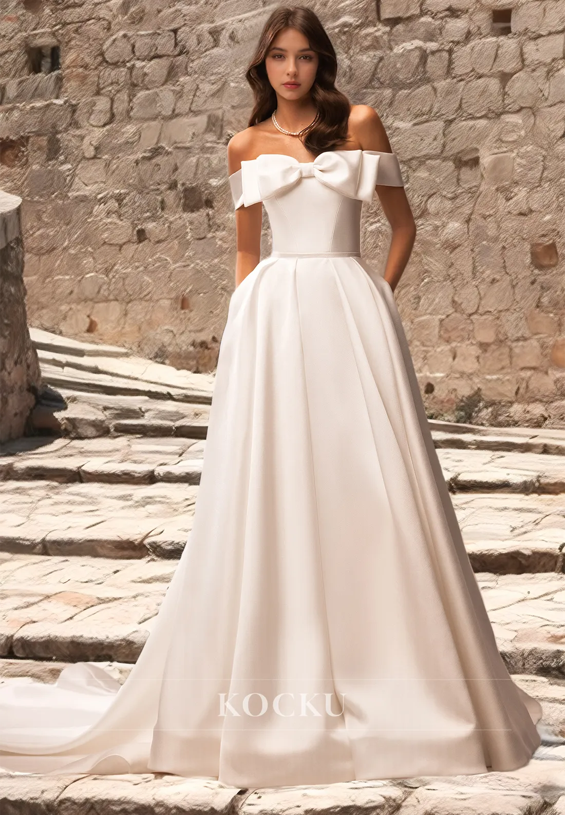 A-Line Off-Shoulder Wedding Dress Sleeveless Bowknot Satin Bridal Dress with Train