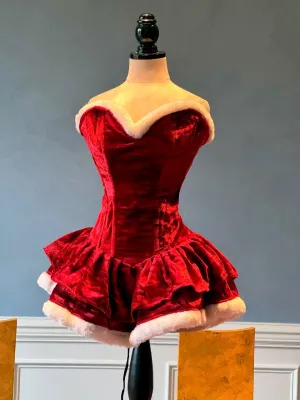 Authentic Santa corset dress with fluffy skirt, red Christmas velvet dress. Mini Santa Dress