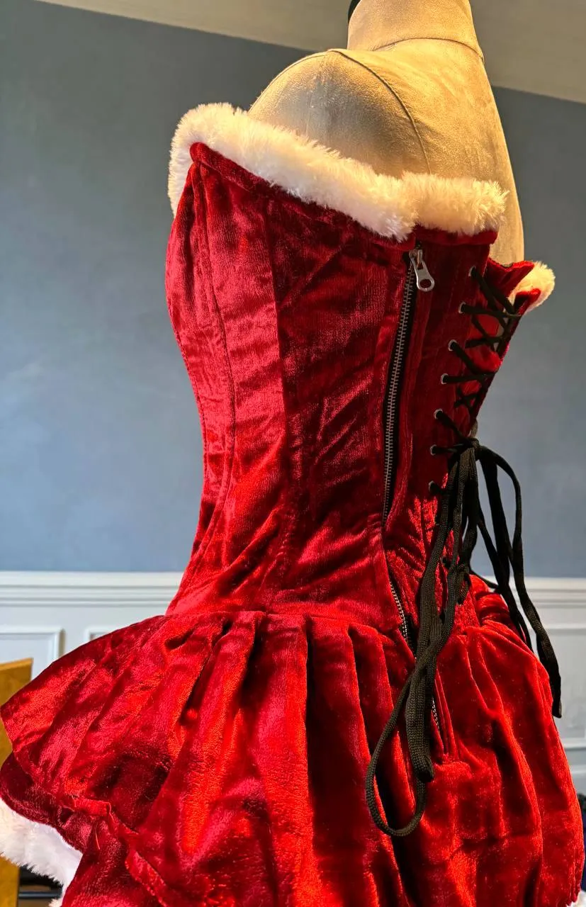 Authentic Santa corset dress with fluffy skirt, red Christmas velvet dress. Mini Santa Dress