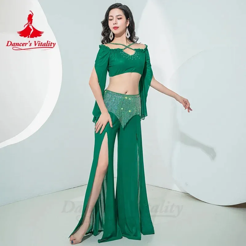 Belly Dance Costume for Women Long Sleeves Top AB Stones Tassel Pants Oriental Practice Clothing Adult Belly Dancing Outfit