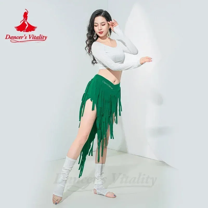 Belly Dance Costume for Women Winter Long Sleeves Top and Short Fringe Skirt Training Clothing Girl's Oriental Bellydance Wear