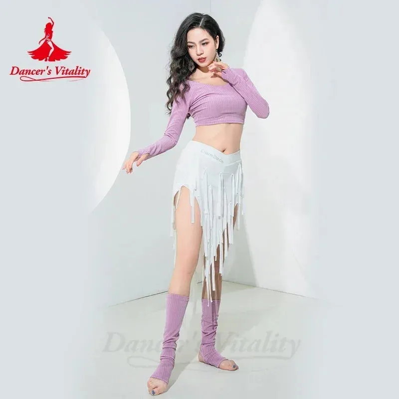 Belly Dance Costume for Women Winter Long Sleeves Top and Short Fringe Skirt Training Clothing Girl's Oriental Bellydance Wear