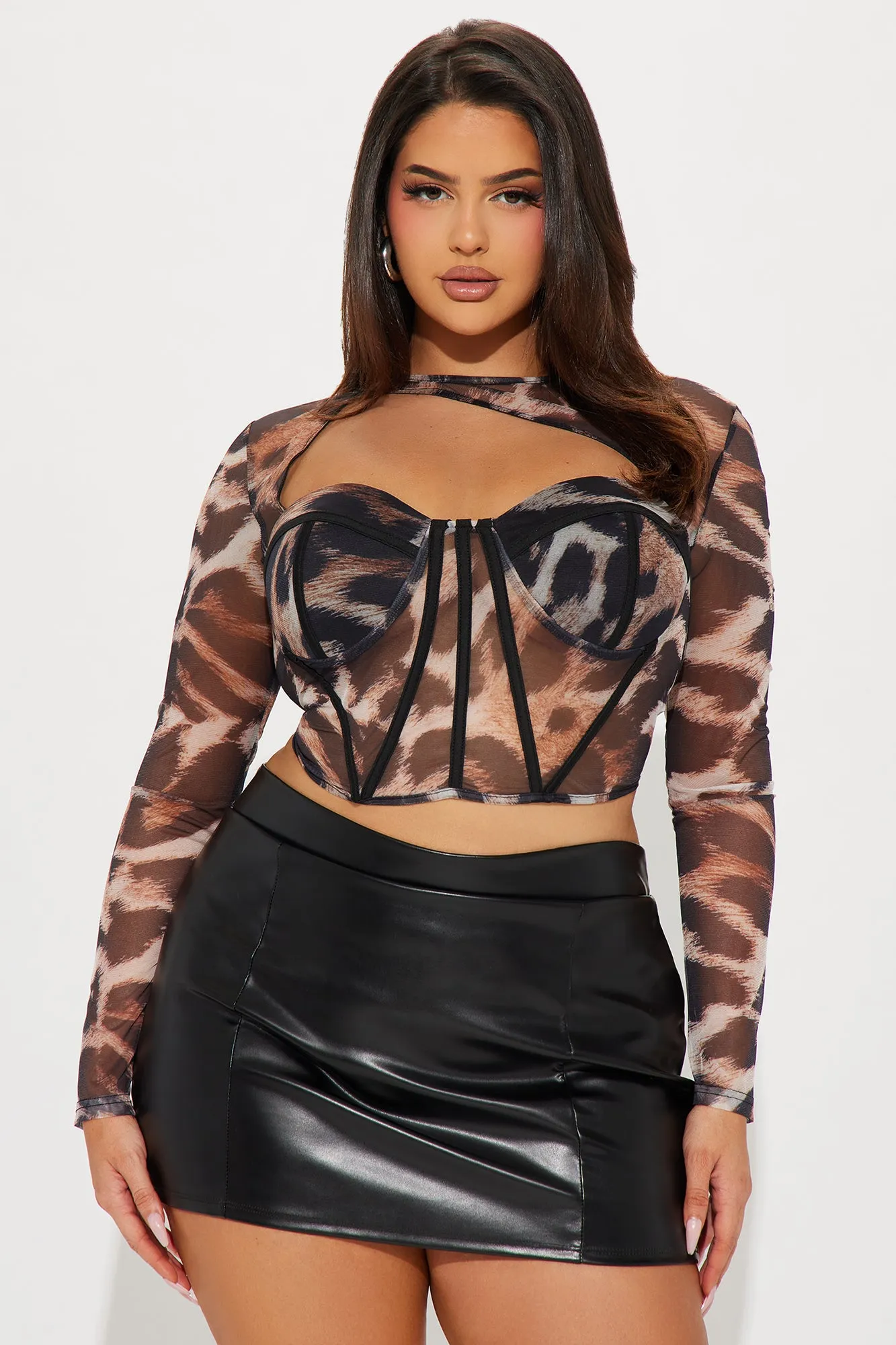 Big Energy Leopard Mesh Corset Top - Brown/combo