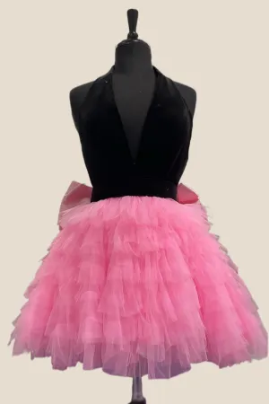 Black and Pink Halter Ruffles Short Dress with Bow