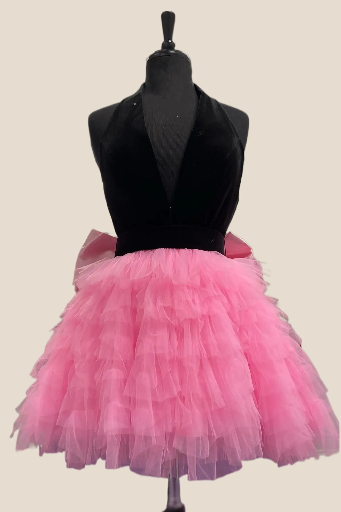 Black and Pink Halter Ruffles Short Dress with Bow