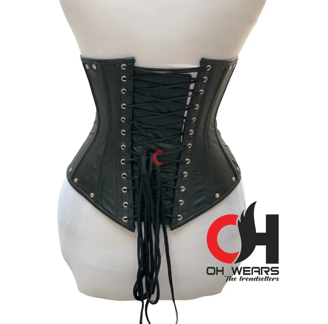 Black Leather Overbust Buckle Corset Double Steel Boned Waist Trainer Buckle Closure