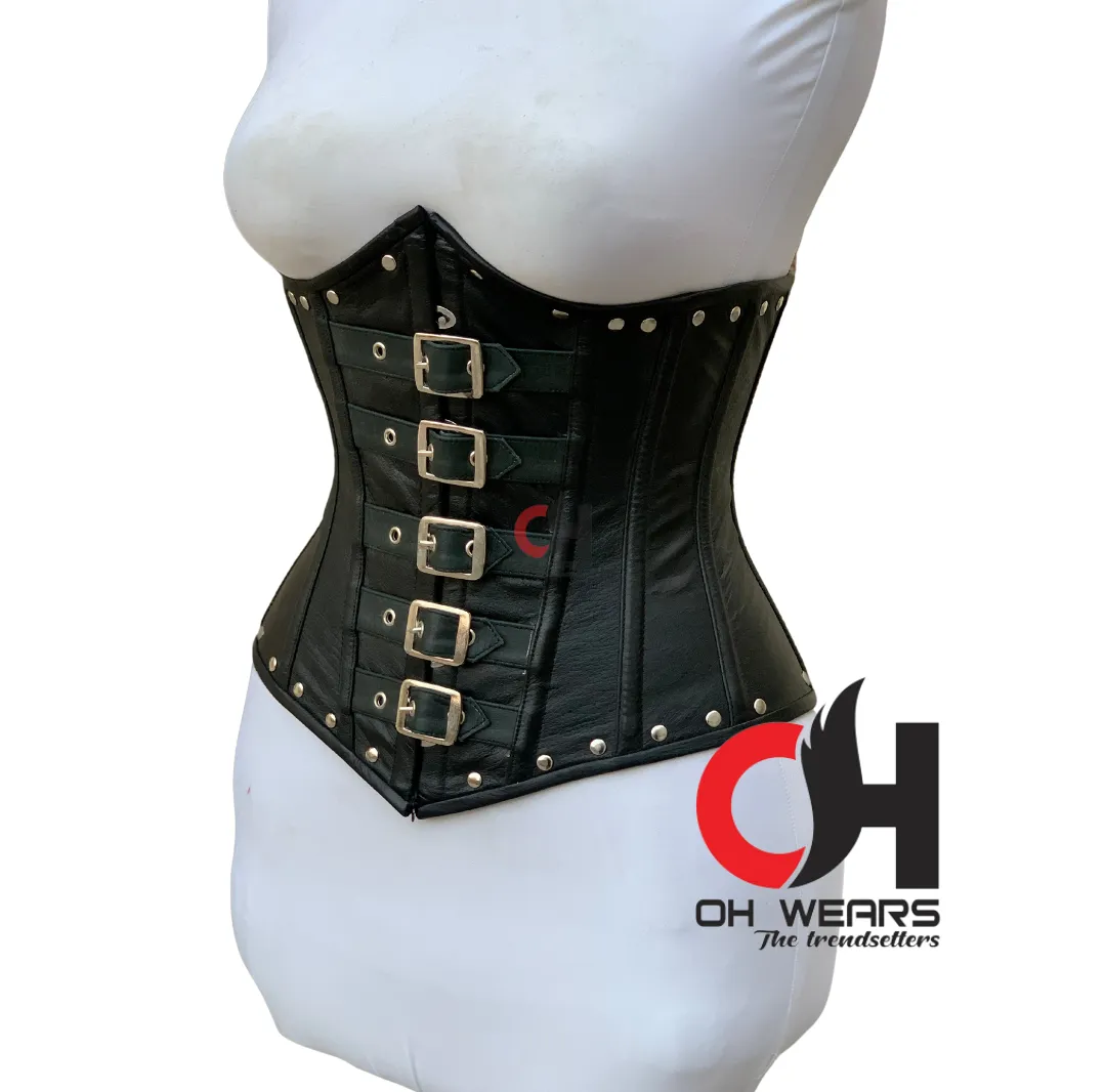 Black Leather Overbust Buckle Corset Double Steel Boned Waist Trainer Buckle Closure