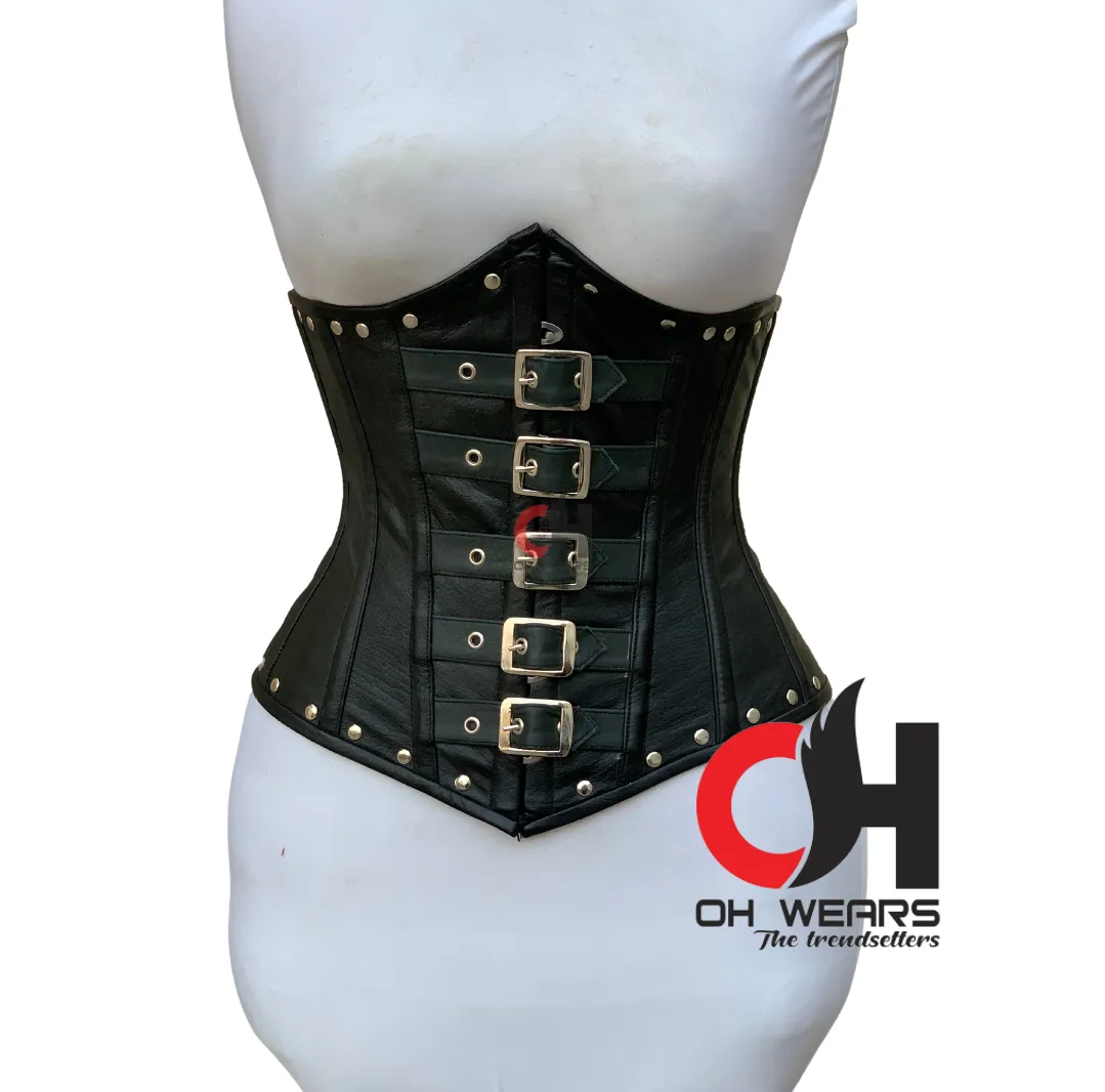 Black Leather Overbust Buckle Corset Double Steel Boned Waist Trainer Buckle Closure