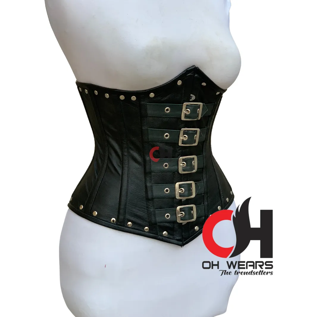 Black Leather Overbust Buckle Corset Double Steel Boned Waist Trainer Buckle Closure