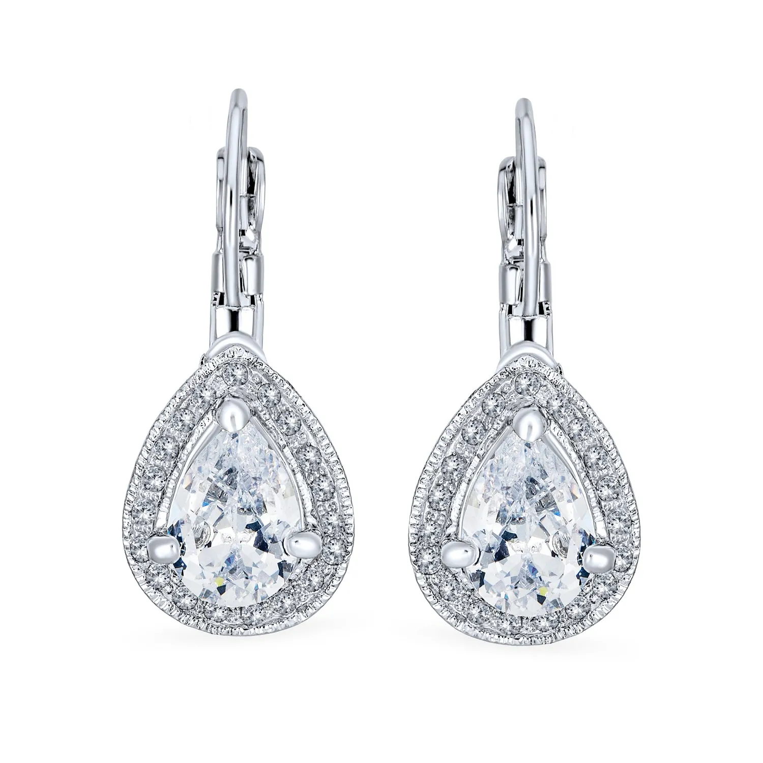 Bridal 7CT CZ Teardrop Halo AAA CZ Drop Huggie Pierced Earrings