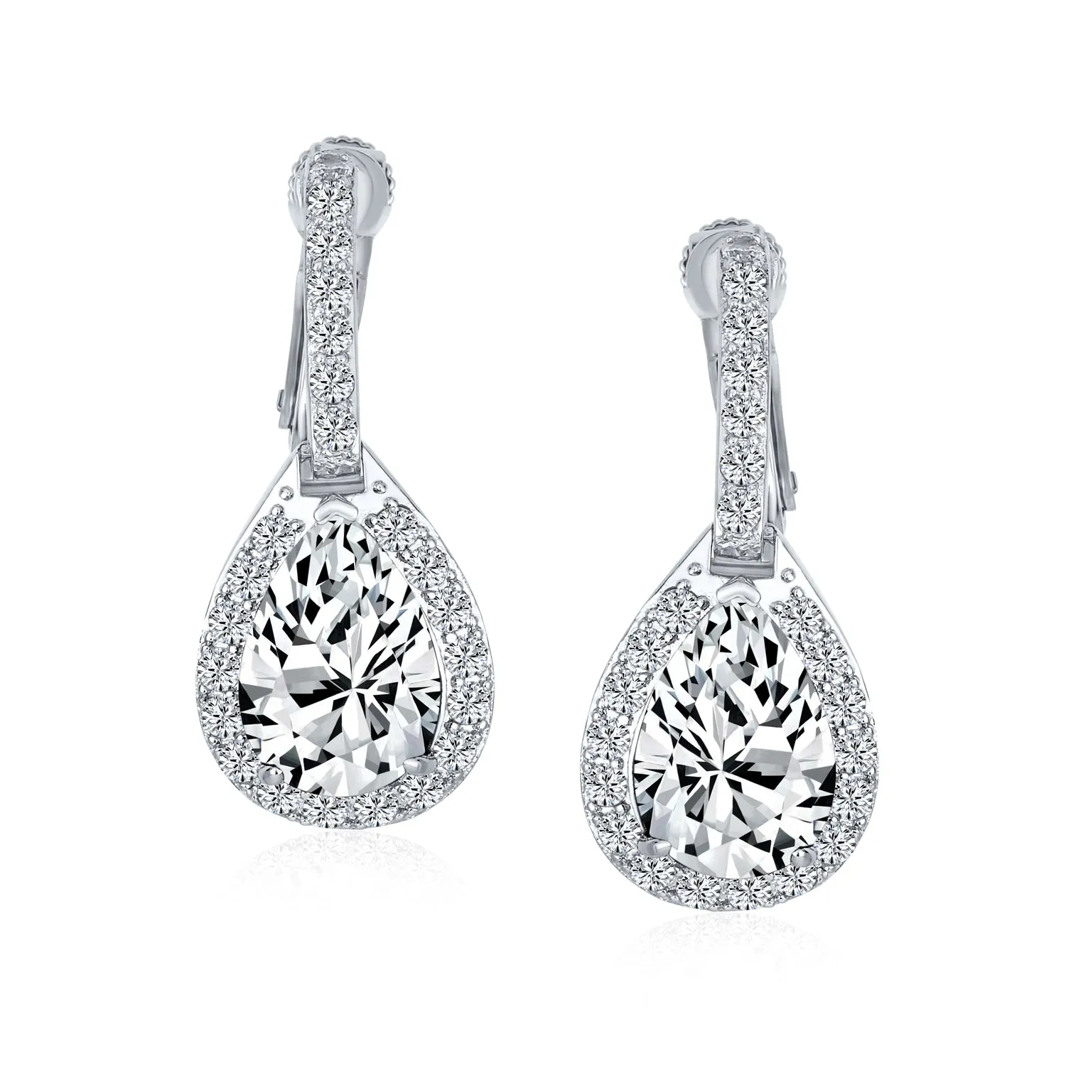 Bridal 7CT CZ Teardrop Halo AAA CZ Drop Huggie Pierced Earrings