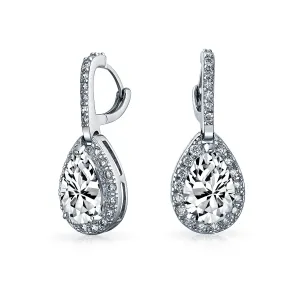 Bridal 7CT CZ Teardrop Halo AAA CZ Drop Huggie Pierced Earrings