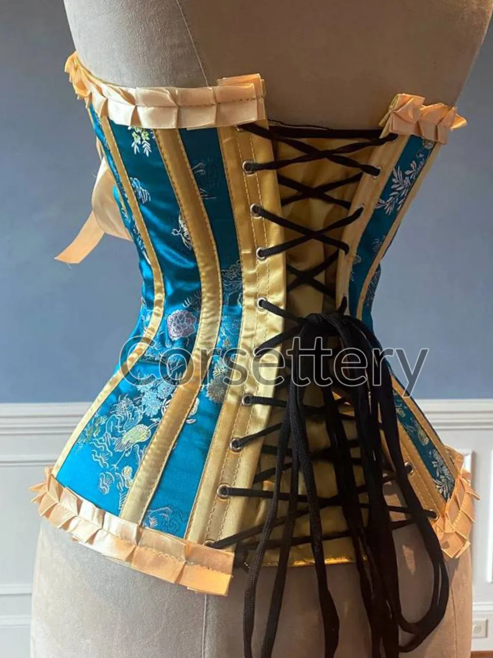 Vibrant Blue Brocade Steel-Boned Steampunk Corset with Ribbons & Bow - Gothic Victorian Tightlacing for Prom