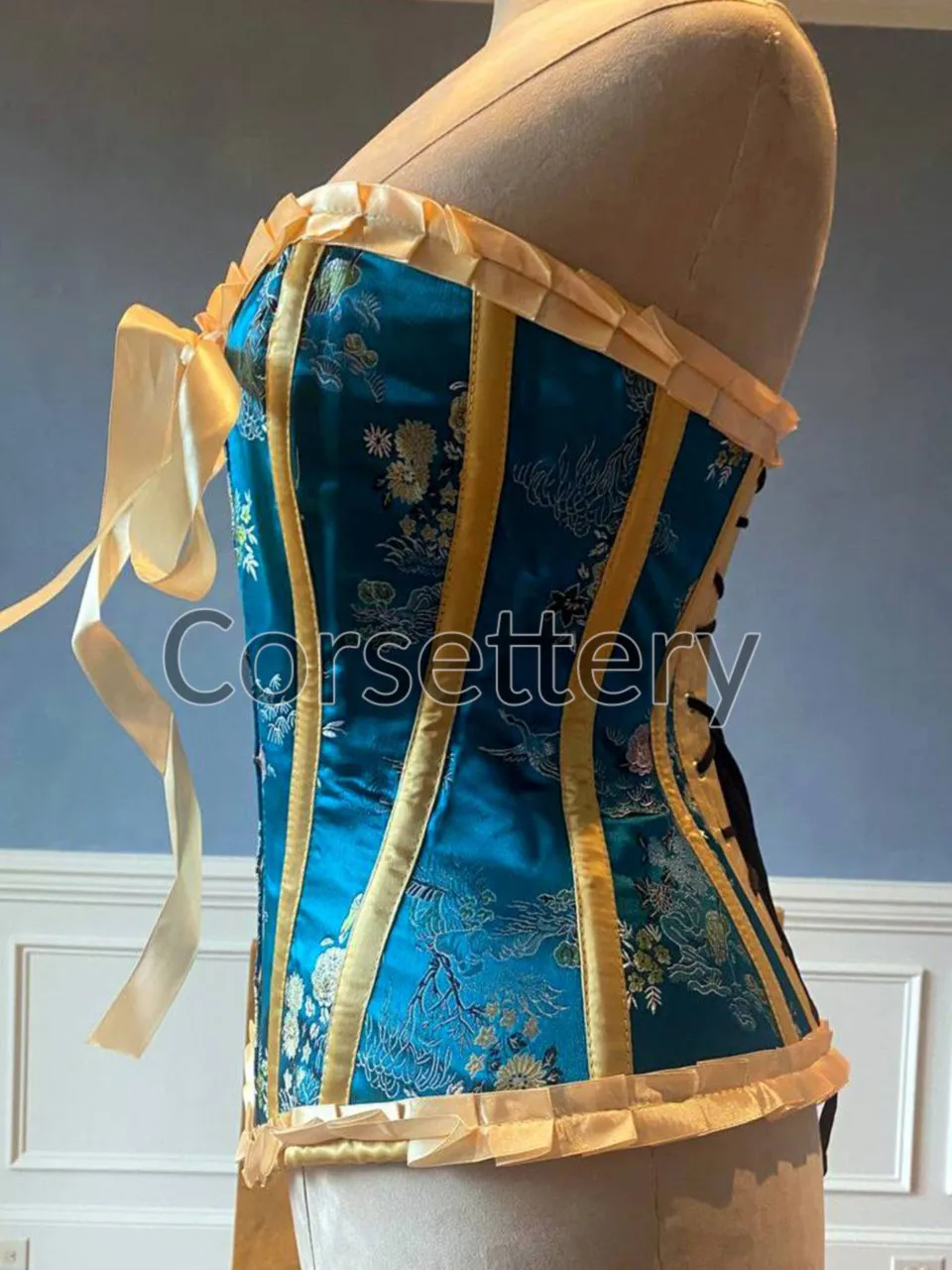 Vibrant Blue Brocade Steel-Boned Steampunk Corset with Ribbons & Bow - Gothic Victorian Tightlacing for Prom