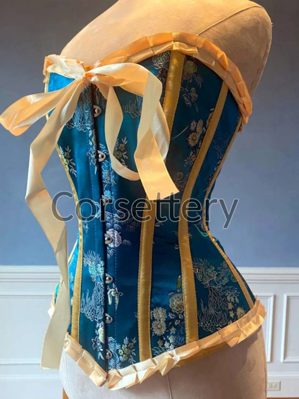 Vibrant Blue Brocade Steel-Boned Steampunk Corset with Ribbons & Bow - Gothic Victorian Tightlacing for Prom