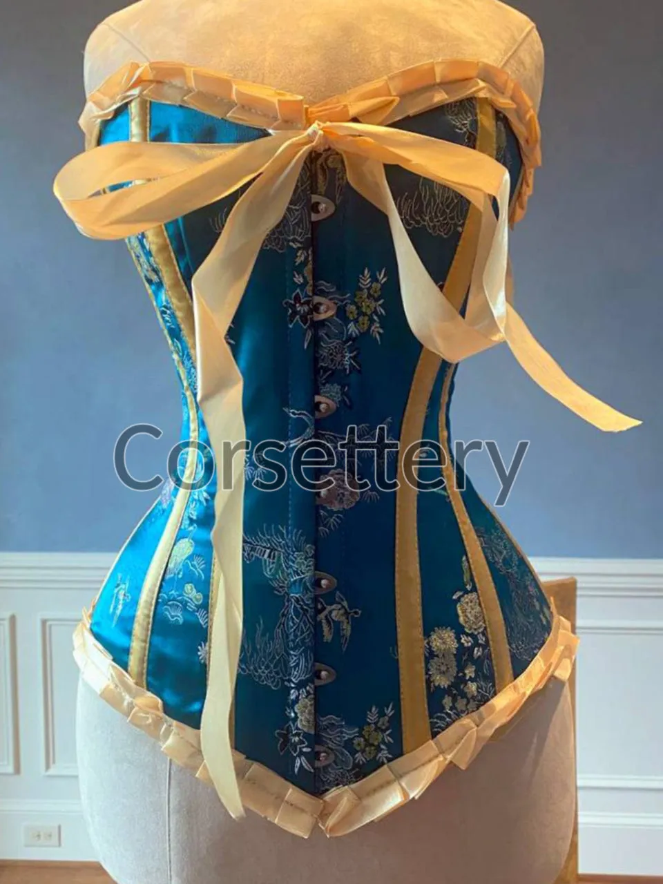 Vibrant Blue Brocade Steel-Boned Steampunk Corset with Ribbons & Bow - Gothic Victorian Tightlacing for Prom