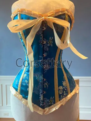 Vibrant Blue Brocade Steel-Boned Steampunk Corset with Ribbons & Bow - Gothic Victorian Tightlacing for Prom