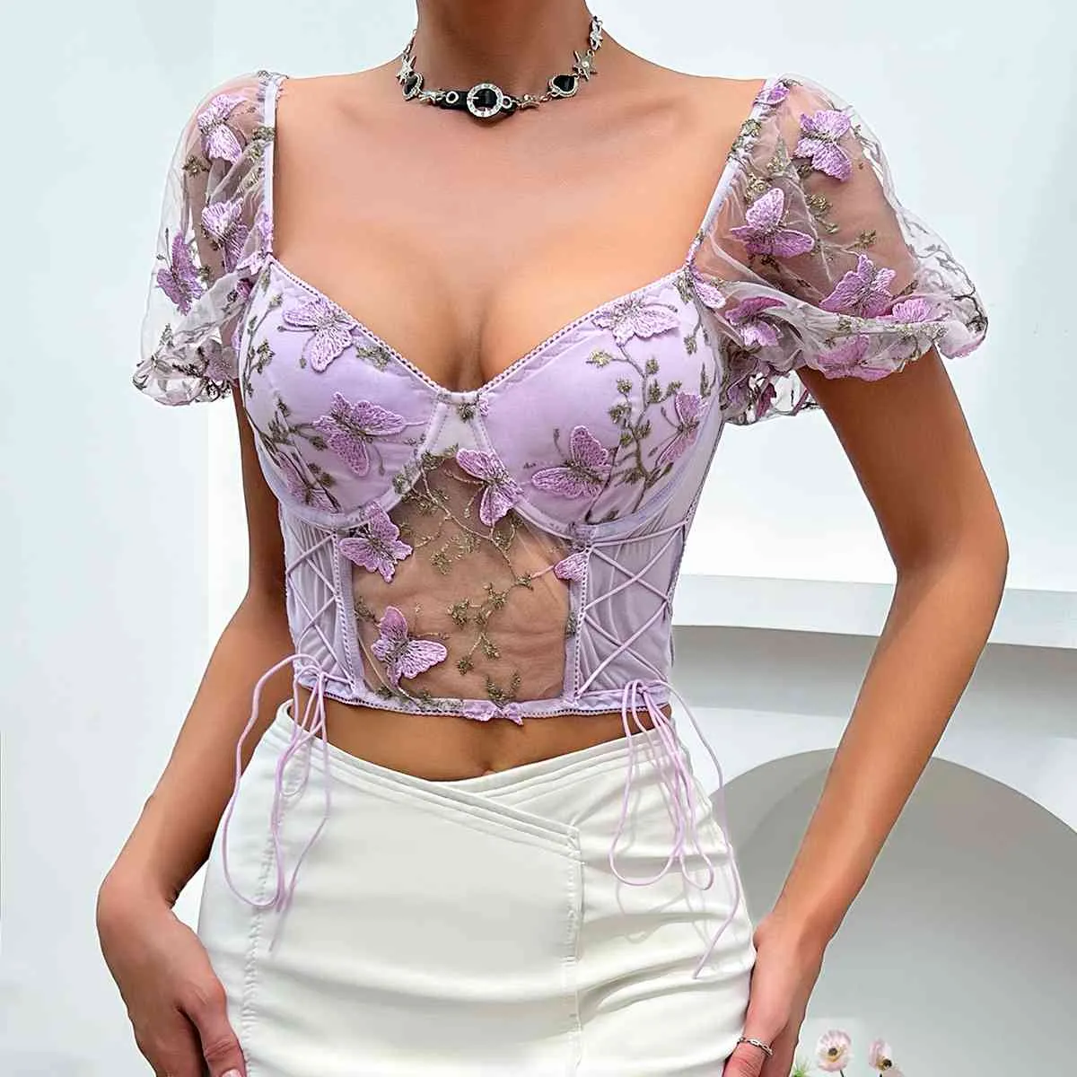 Butterfly Whispers Embroidery Mesh Corset Top