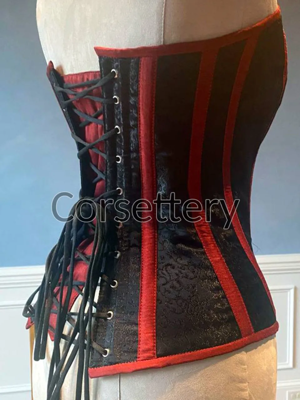 Classic black brocade corset with red taffeta and hidden busk. Gothic Victorian, steampunk affordable corset