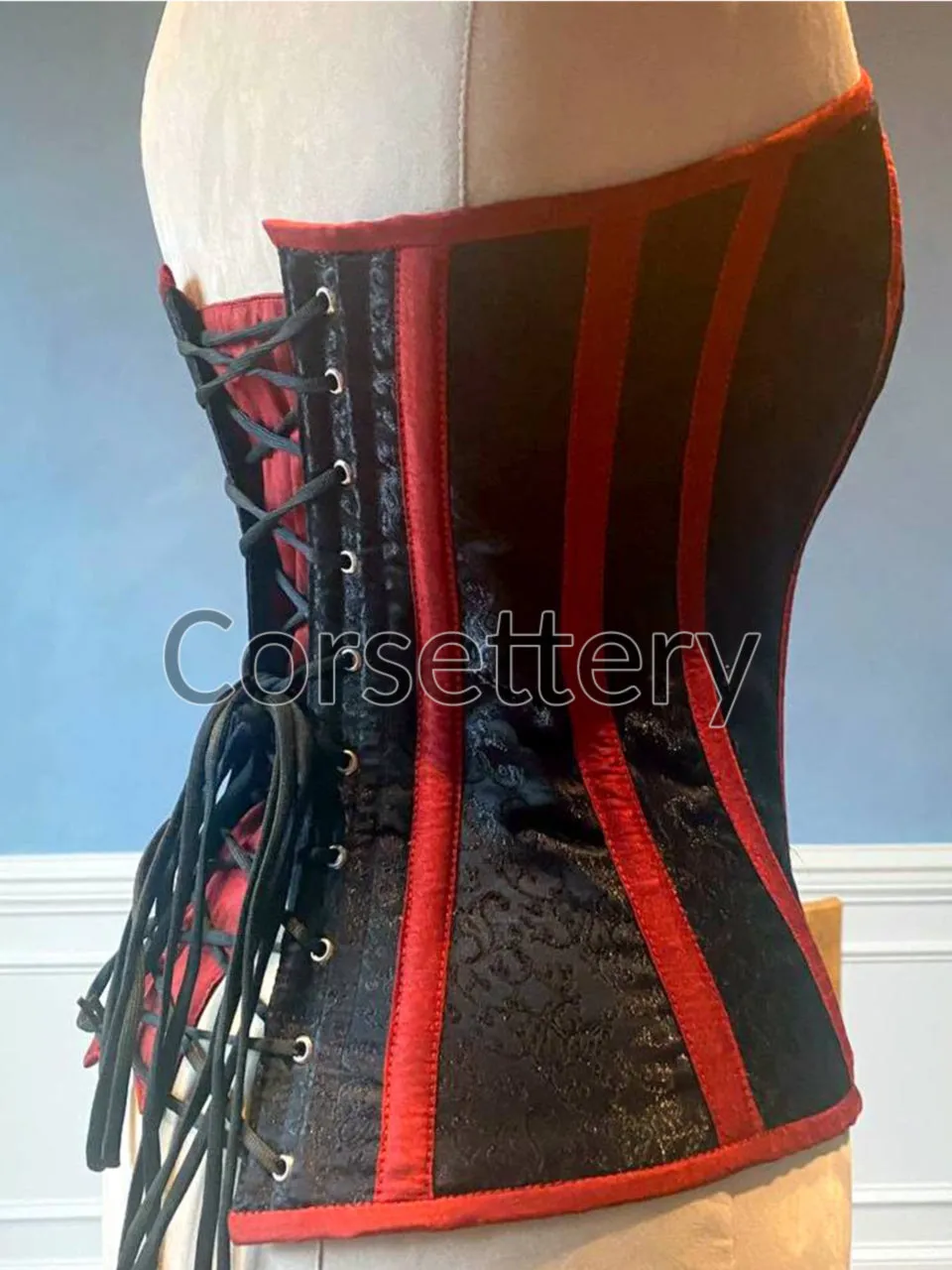 Classic black brocade corset with red taffeta and hidden busk. Gothic Victorian, steampunk affordable corset