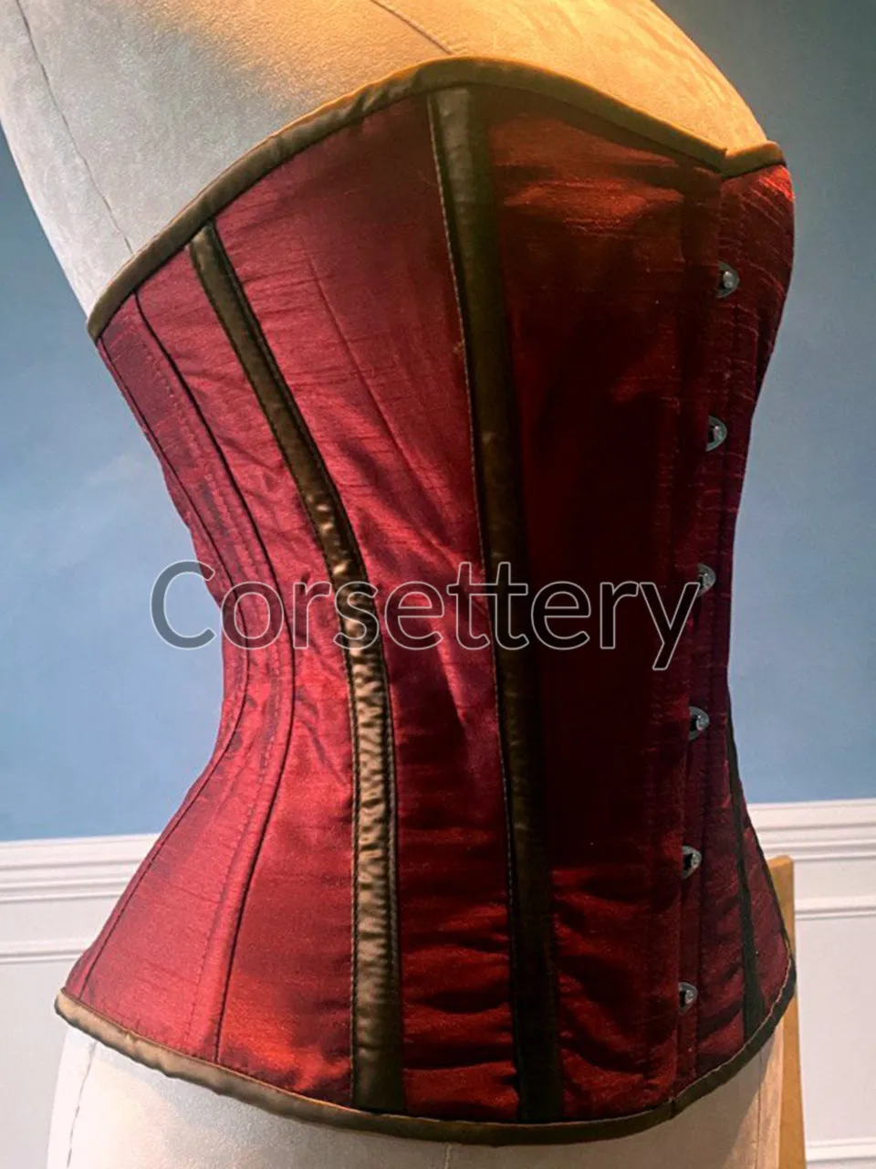 Classic taffeta corset red and black. Steel-boned corset for tight lacing. Prom, gothic, steampunk Victorian corset.