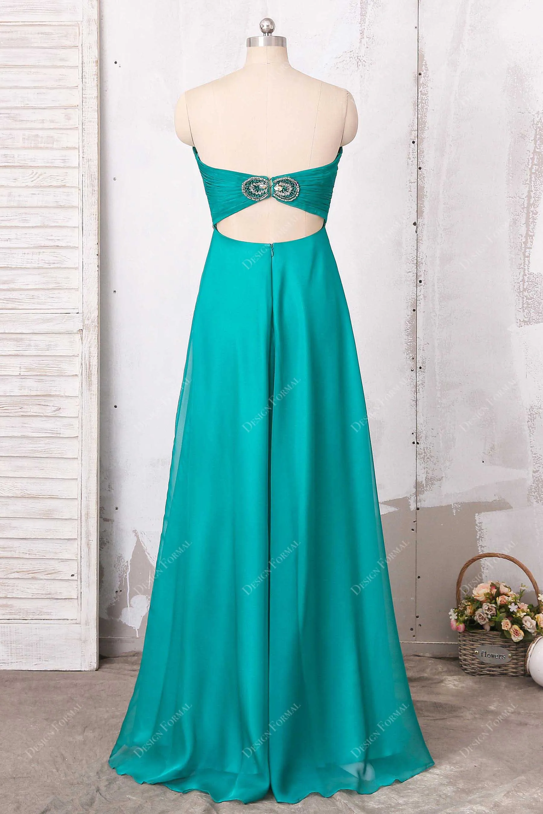 Crystals Jade Chiffon Strapless Empire Elegant A-line Long Dress