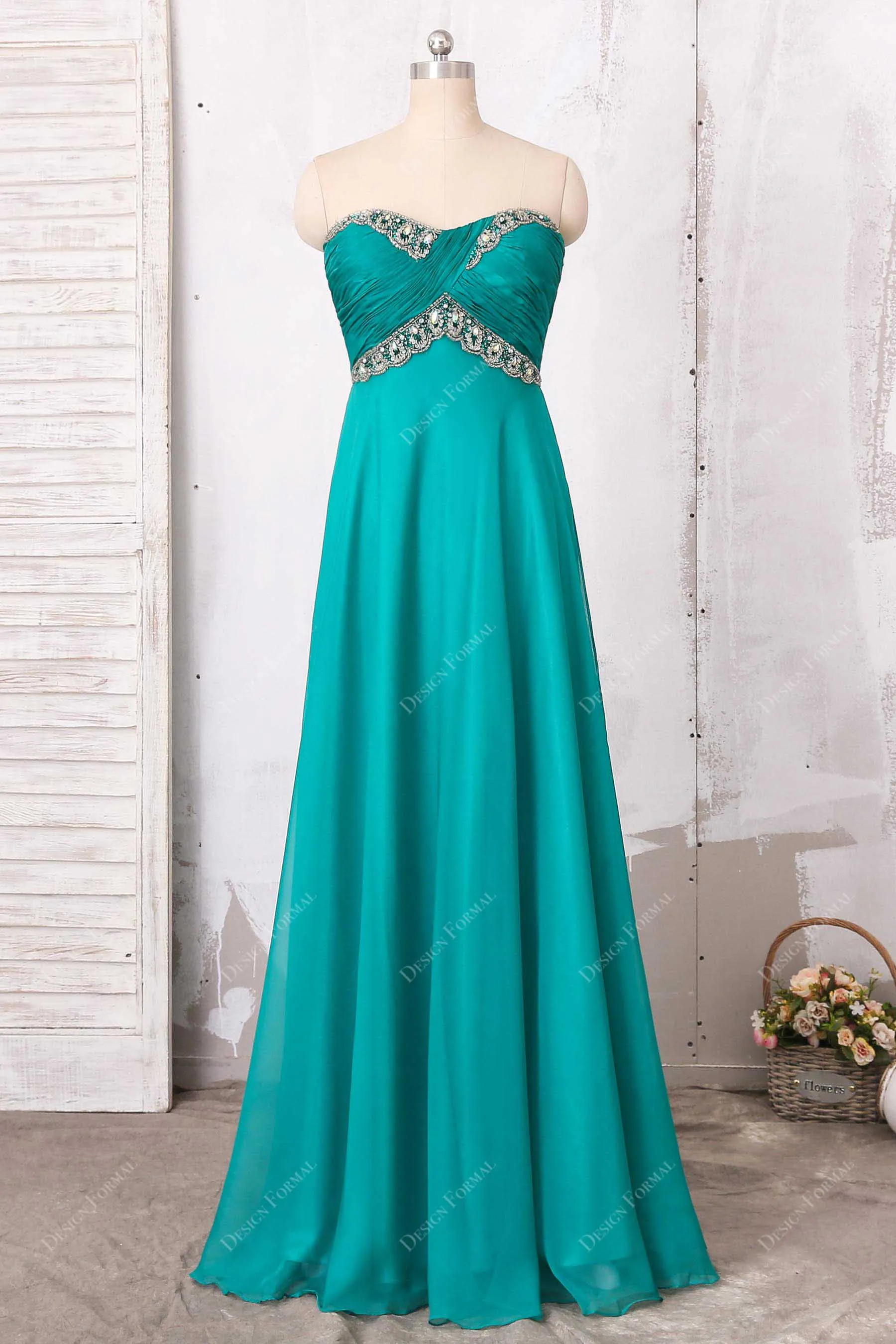 Crystals Jade Chiffon Strapless Empire Elegant A-line Long Dress