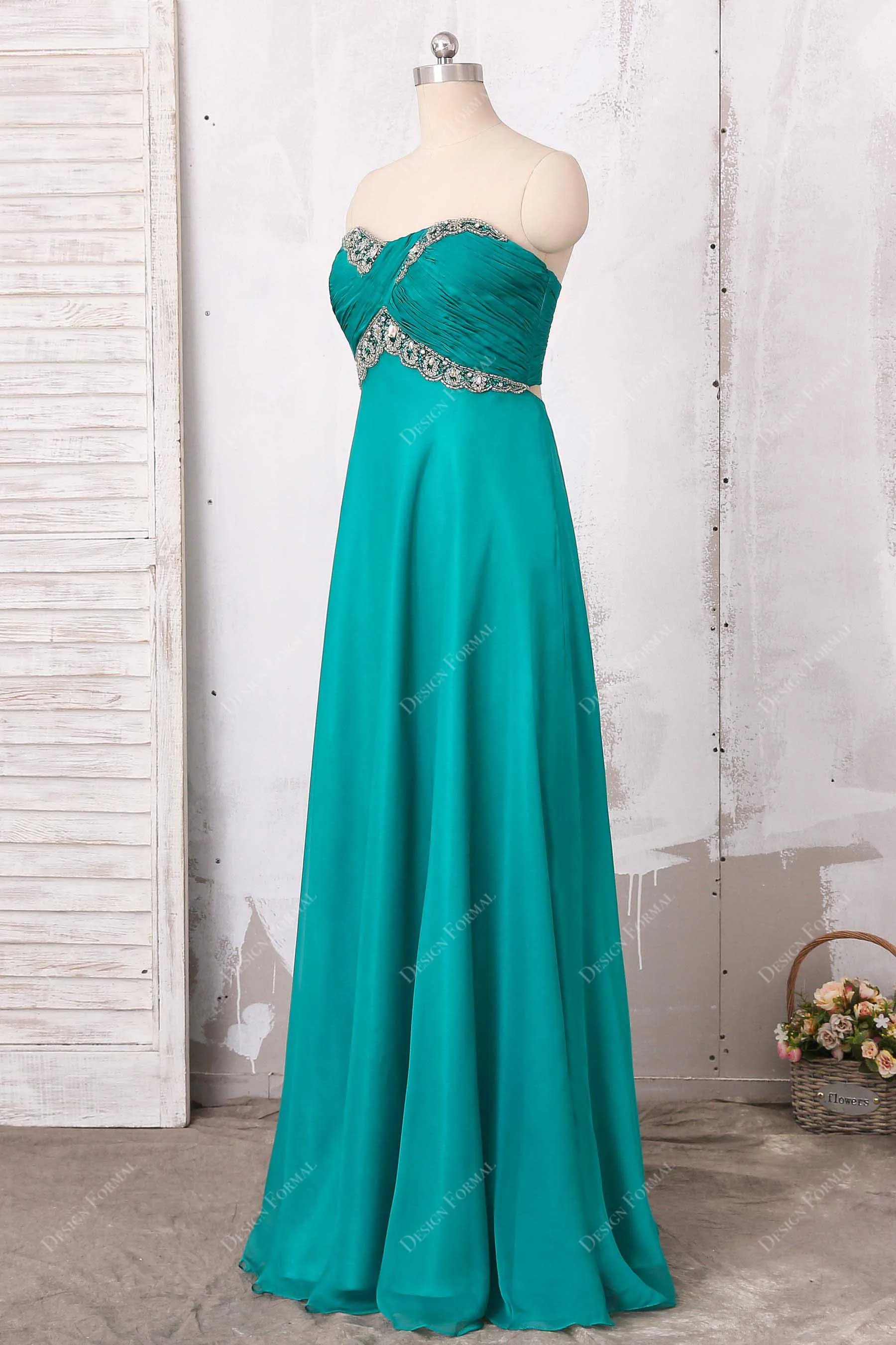 Crystals Jade Chiffon Strapless Empire Elegant A-line Long Dress