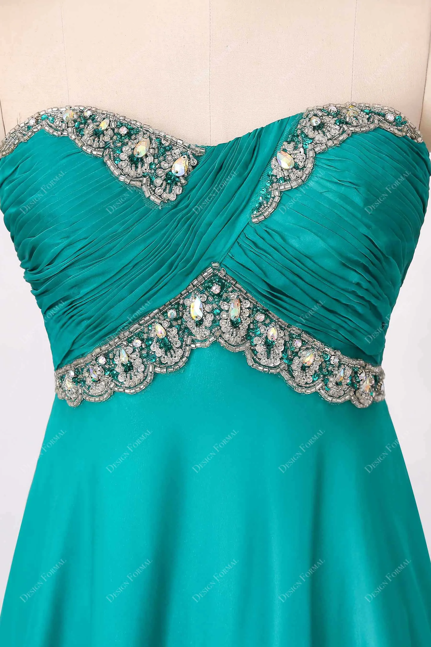 Crystals Jade Chiffon Strapless Empire Elegant A-line Long Dress