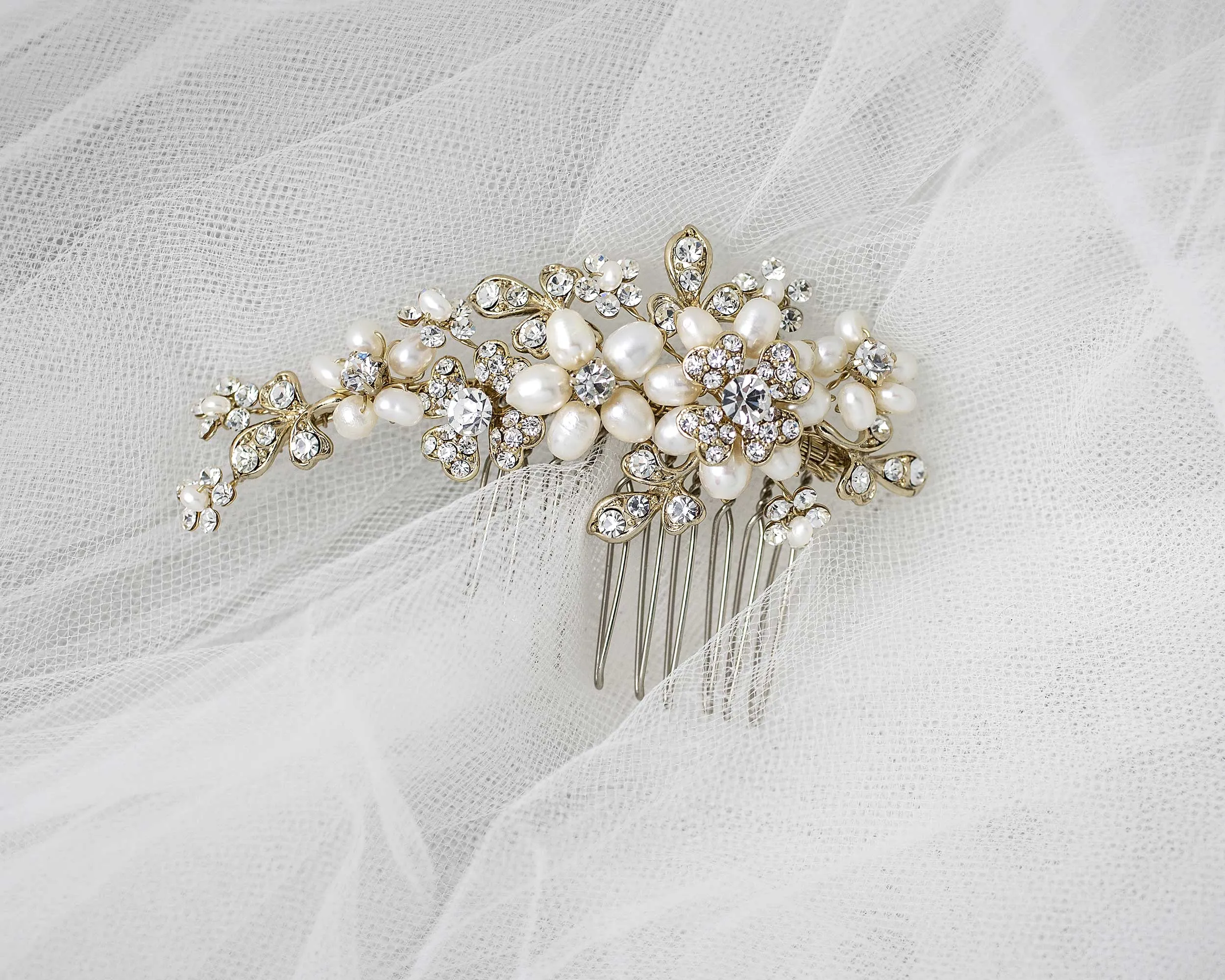 Cultured Pearl Flower Gold Wedding Hair Comb