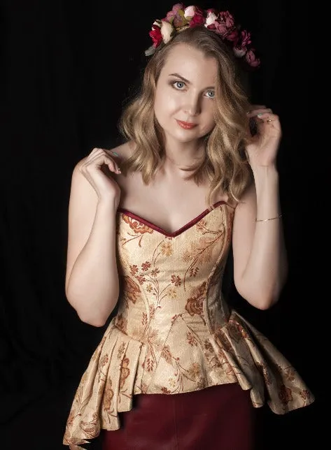 Cute floral brocade overbust corset with frill on hips. Authentic steel-boned corset in steampunk style