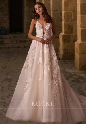 Deep V-Neck Spaghetti Straps A-Line Sleeveless Appliques Lace Wedding Dress with Beads Bridal Gowns