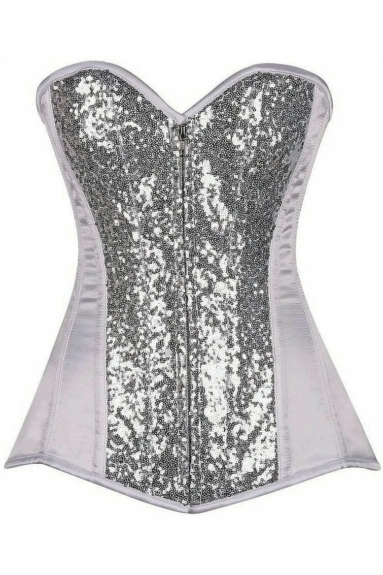 Deluxe White With Silver Sequin Steel Boned Corset