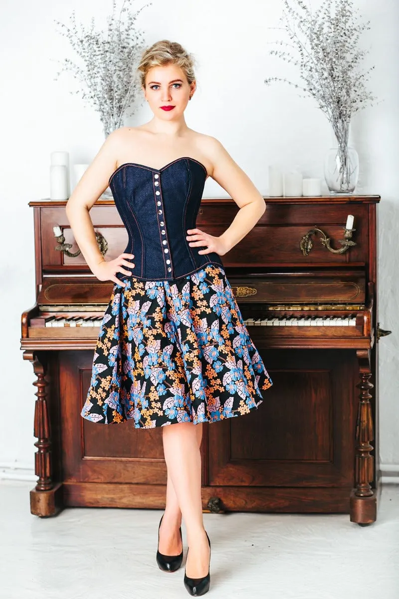 Denim overbust corset from Corsettery Western Collection with busk, blue denim corset