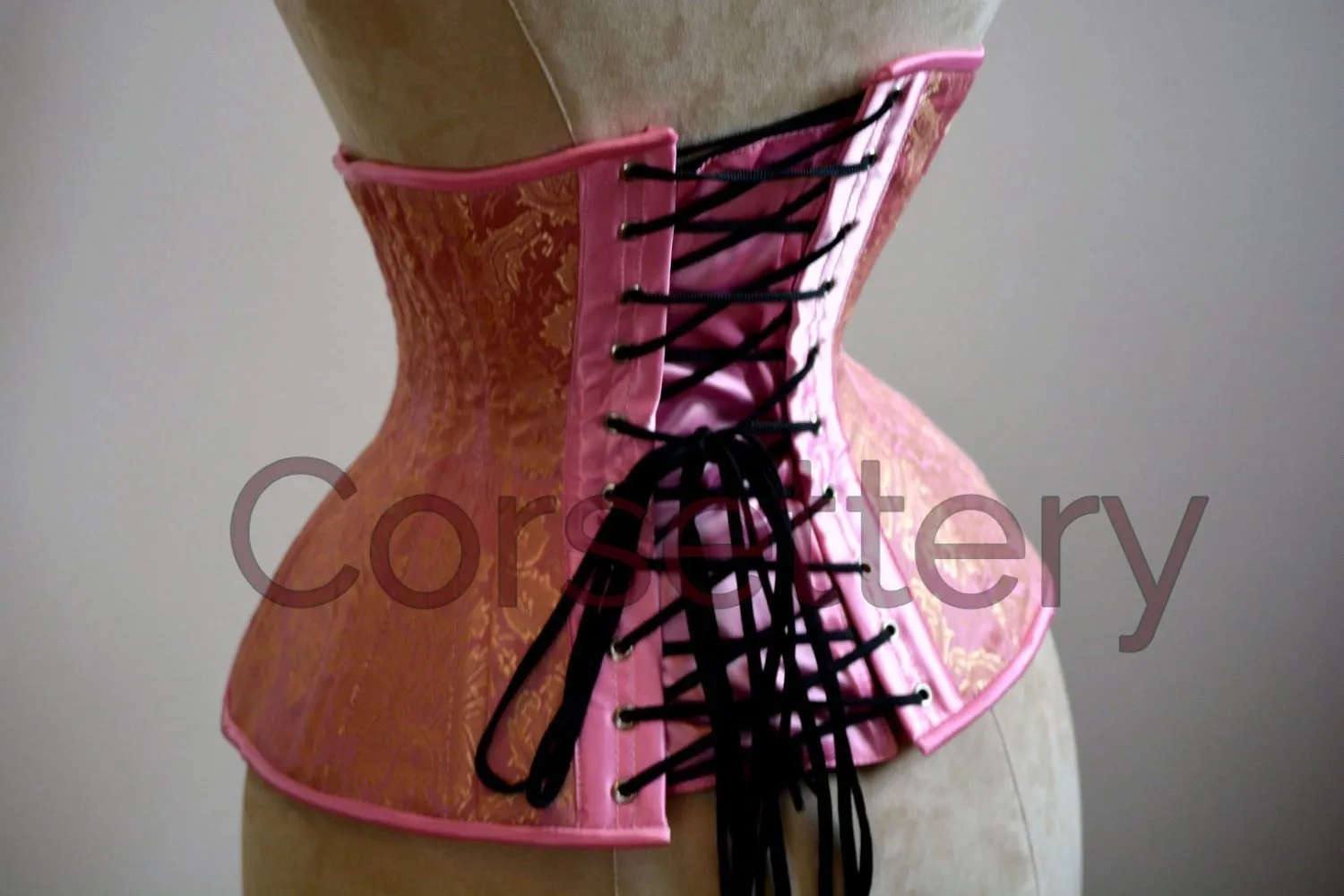 Double row steel boned underbust corset from pink and gold brocade. Real waist training corset for tight lacing. Gothic, steampunk corset