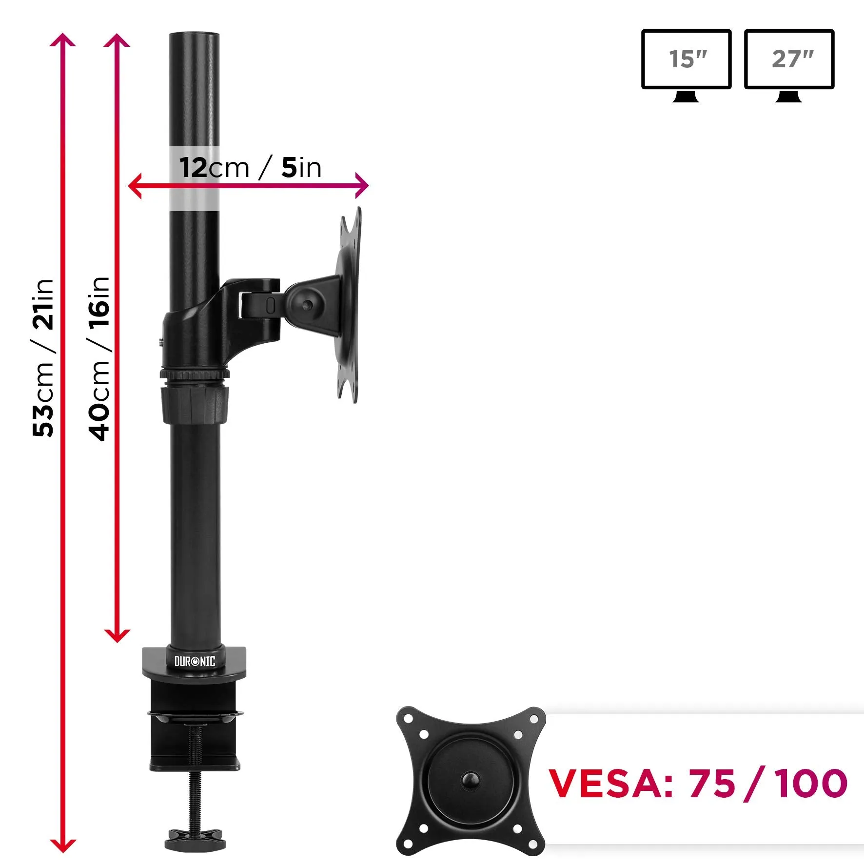 Duronic Monitor Arm Stand DM451X1 | Single PC Desk Mount | Aluminium | Height Adjustable | For One 15-27 LED LCD Screen | VESA 75/100 | 13kg Per Screen | Tilt -20°/-20°, Rotate 360°…