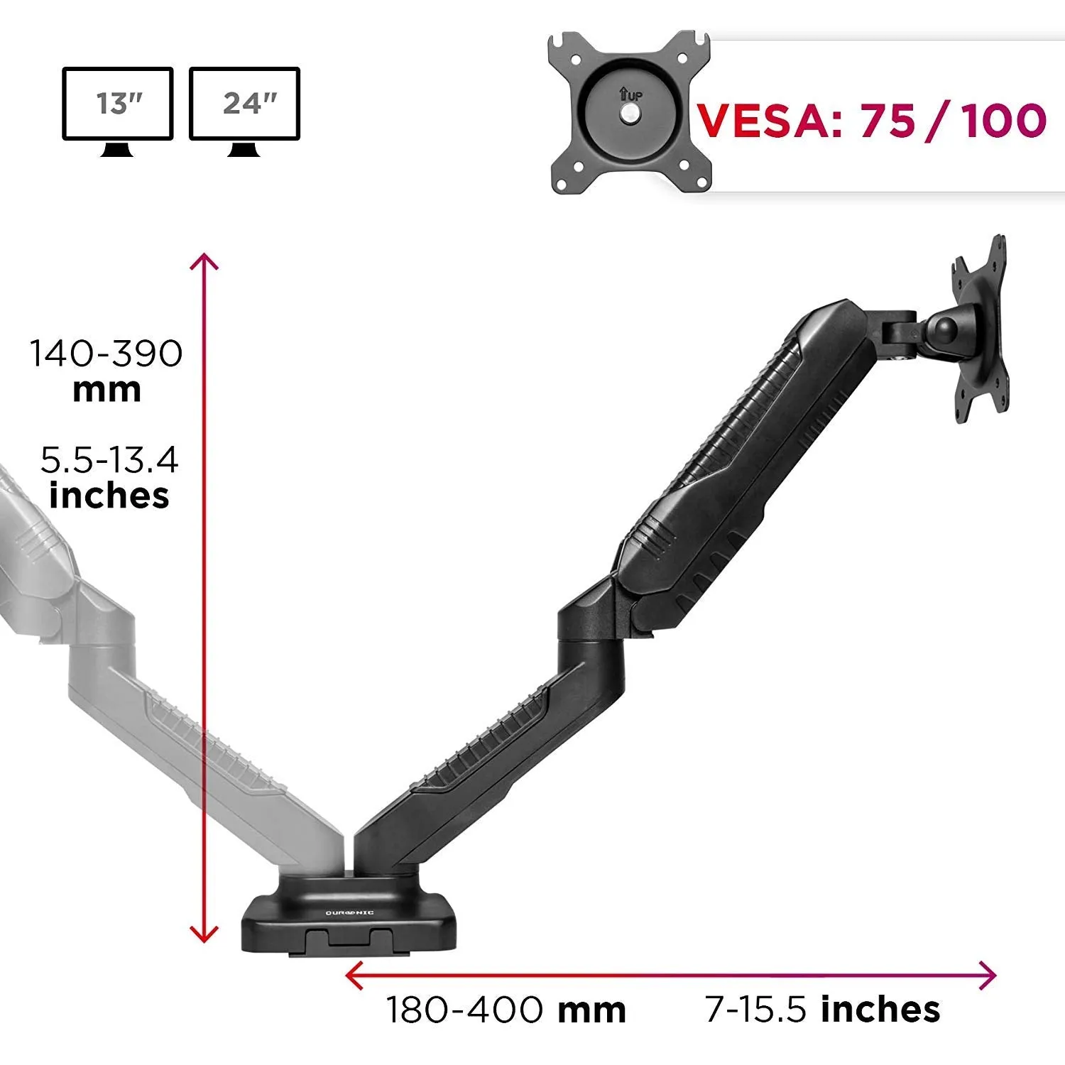 Duronic Monitor Arm Stand DMDC52 | Double Gas-Powered PC Desk Mount | BLACK | Height Adjustable | For Two 13-24 LED LCD Screens | VESA 75/100 | 6.5kg Capacity | Tilt -90°/ 85°,Swivel 180°,Rotate 360°