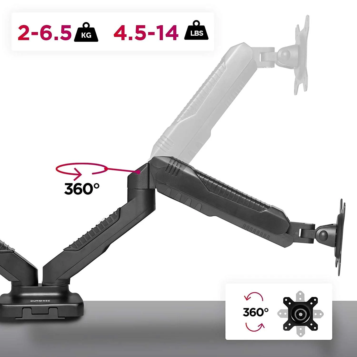 Duronic Monitor Arm Stand DMDC52 | Double Gas-Powered PC Desk Mount | BLACK | Height Adjustable | For Two 13-24 LED LCD Screens | VESA 75/100 | 6.5kg Capacity | Tilt -90°/ 85°,Swivel 180°,Rotate 360°