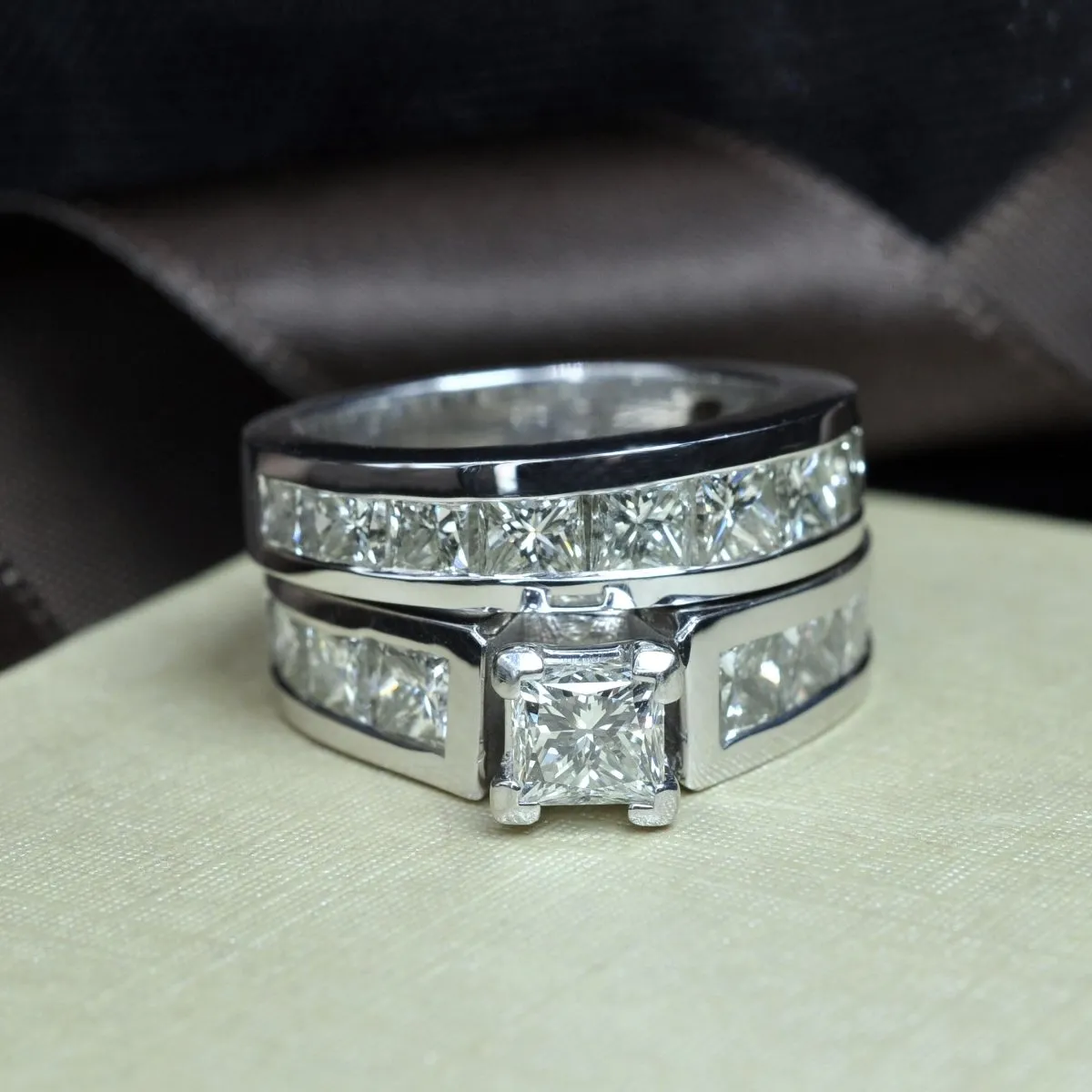 Fashionable 5.90 CT Princess Cut Diamond Bridal Set in 14 KT White Gold