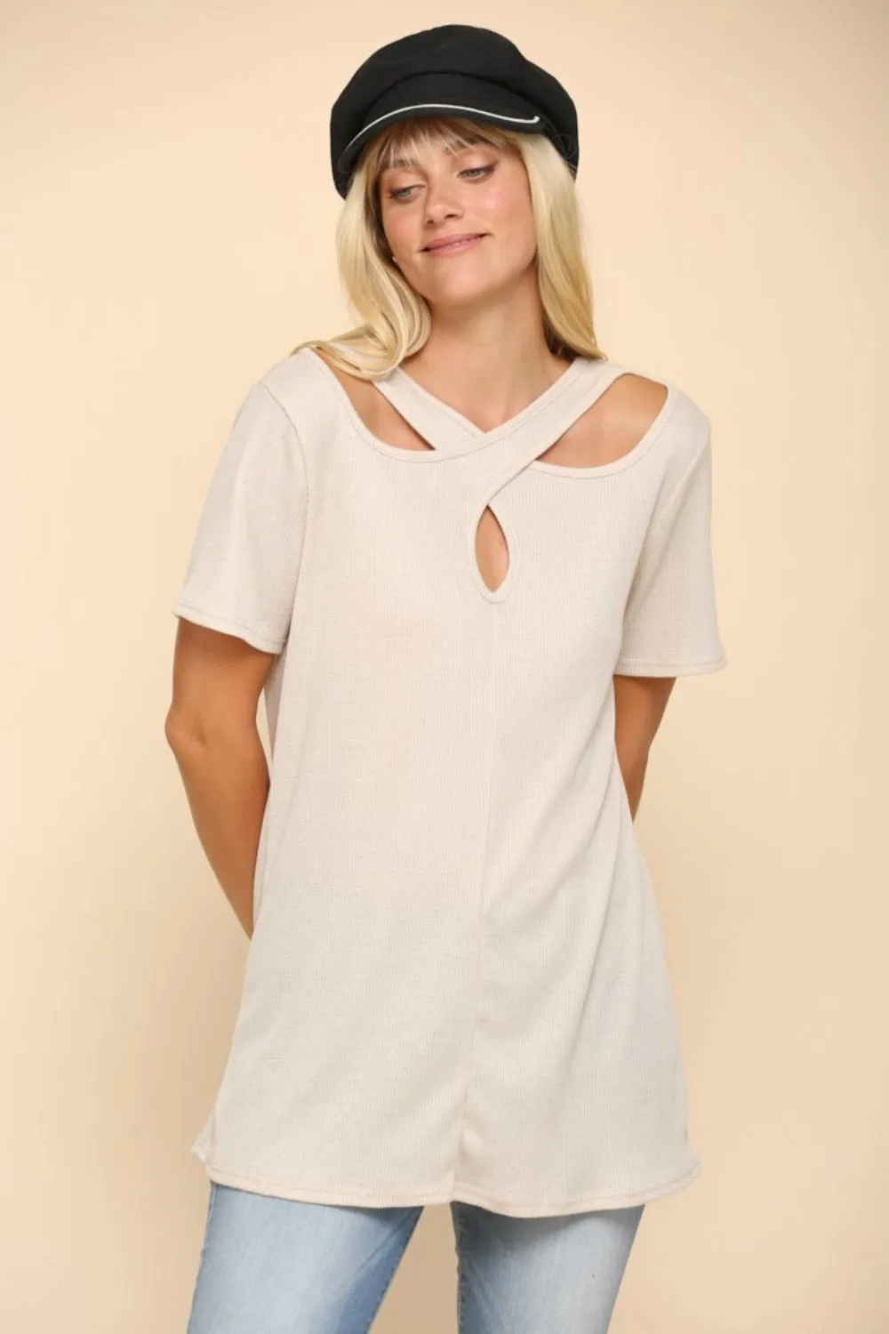 Full Size Crisscross Cutout Short Sleeve T-Shirt