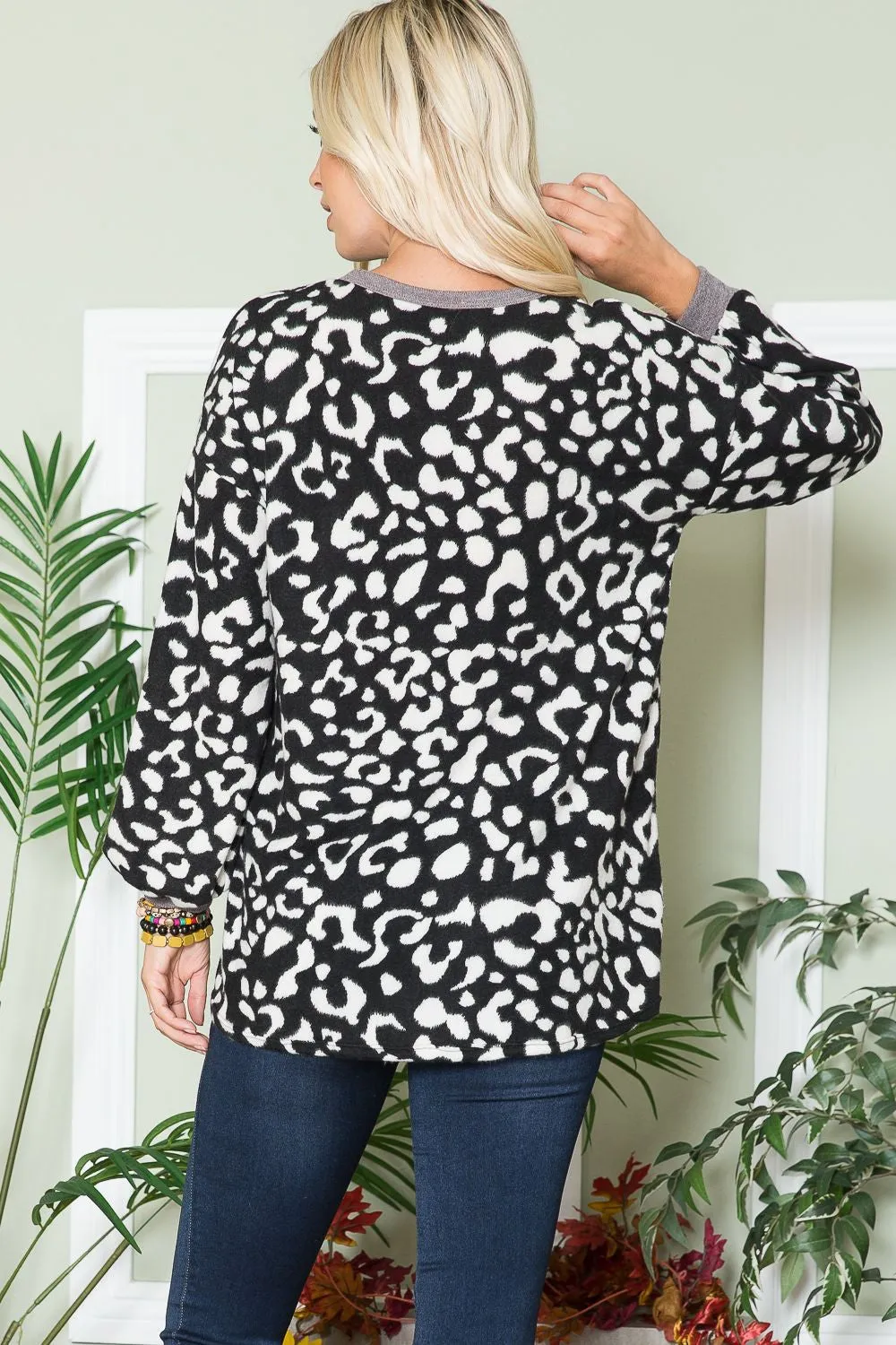 Full Size Leopard V-Neck Long Sleeve Blouse