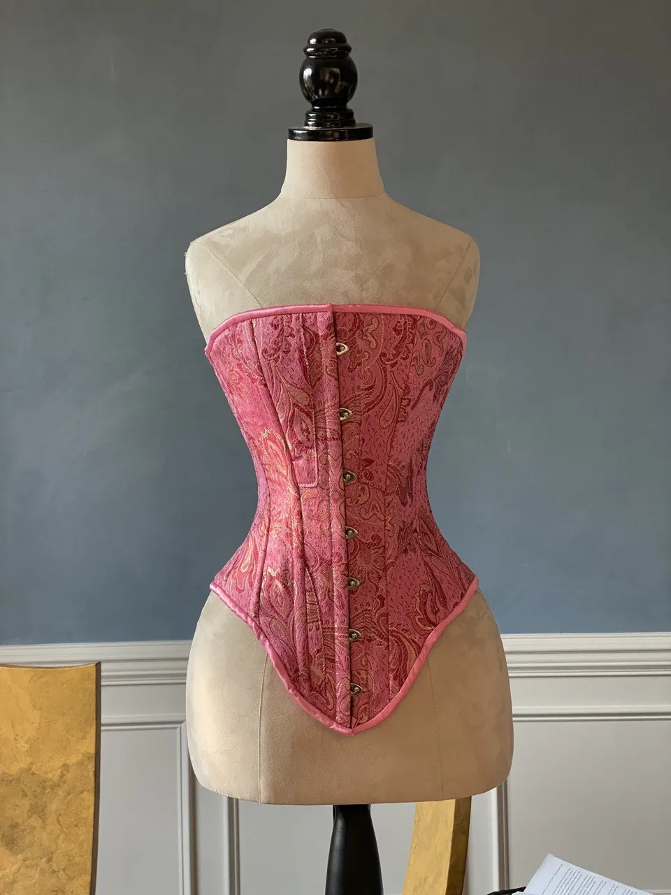 Historical pattern Edwardian overbust corset from pink brocade. Steelbone wedding corset