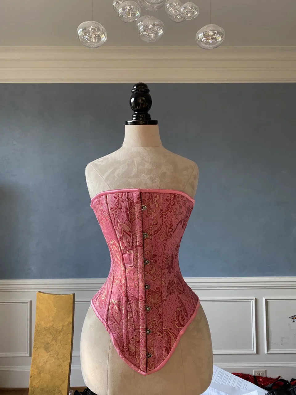 Historical pattern Edwardian overbust corset from pink brocade. Steelbone wedding corset