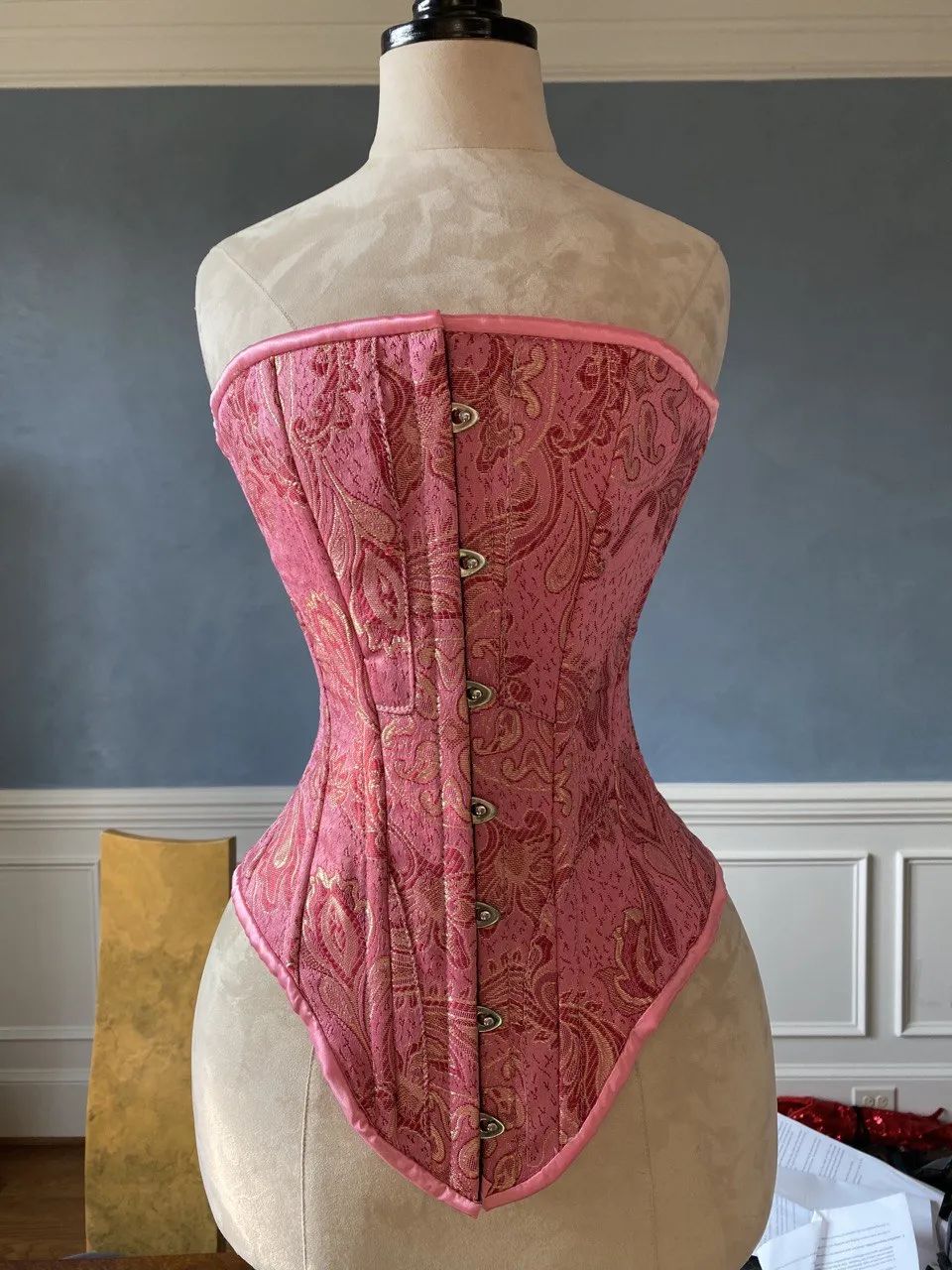 Historical pattern Edwardian overbust corset from pink brocade. Steelbone wedding corset