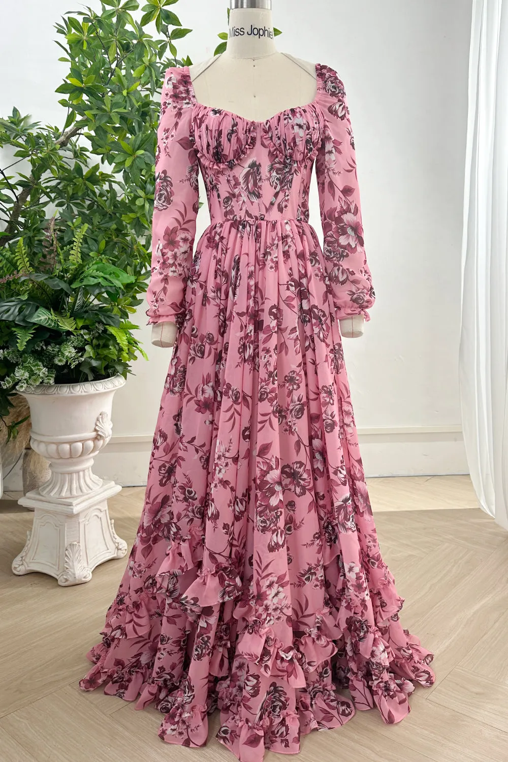 Long Sleeves Corset V Neck Floral Print Chiffon Dress with Side Slit