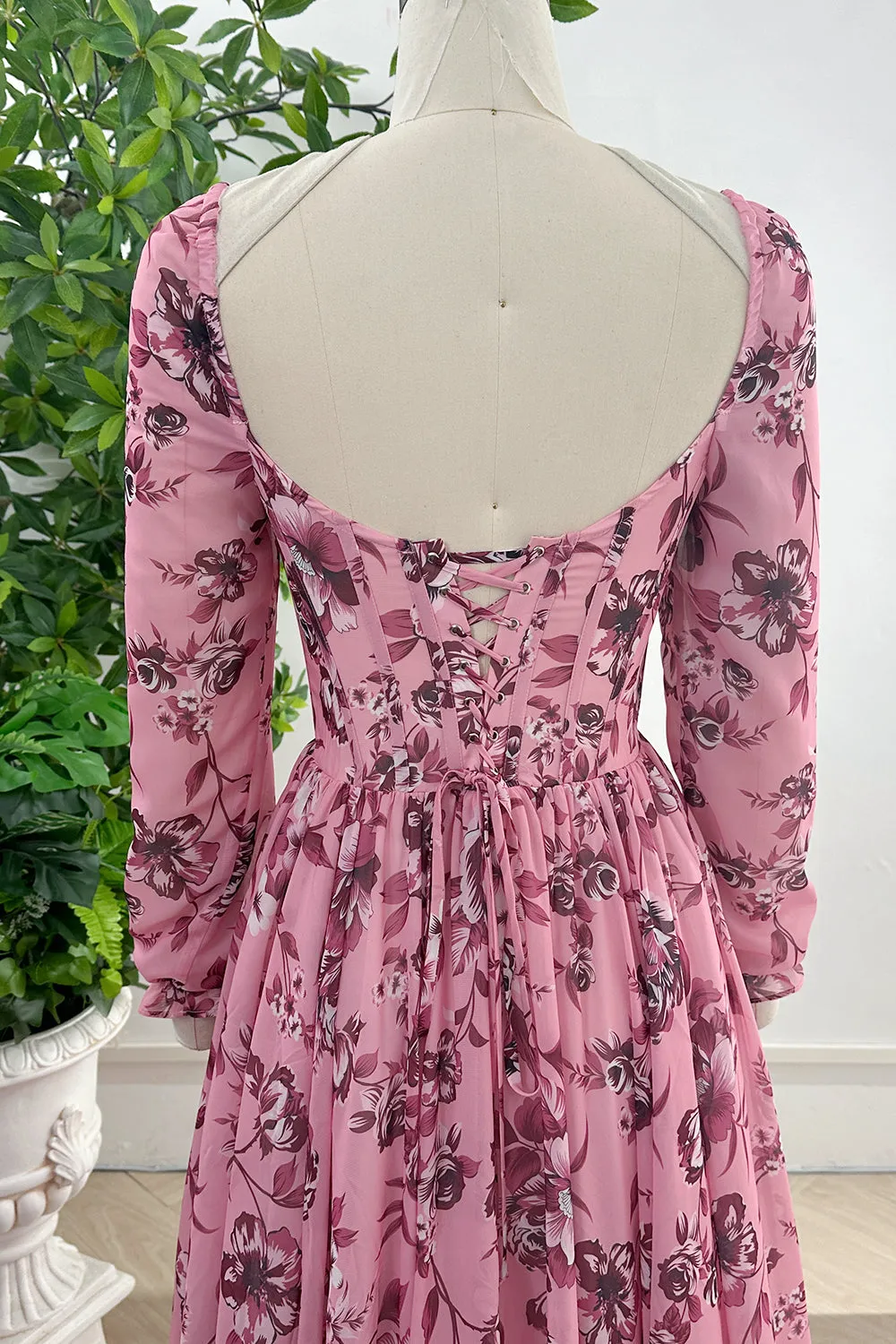 Long Sleeves Corset V Neck Floral Print Chiffon Dress with Side Slit