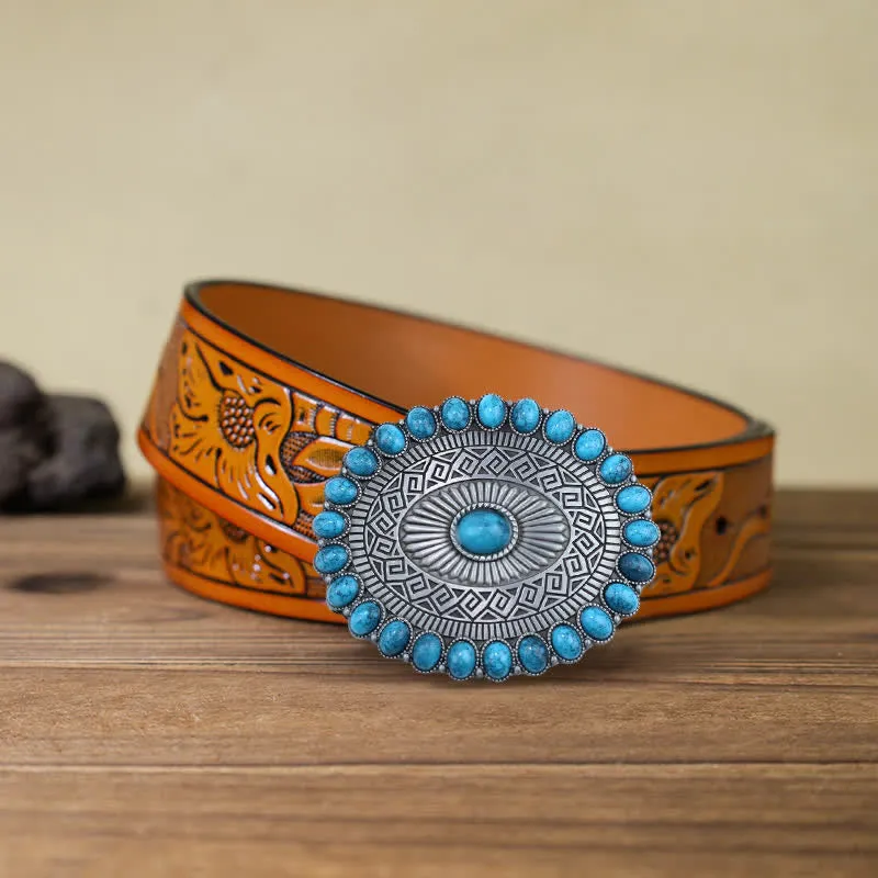 Men's DIY Oval Bohemia Turquoise Buckle Leather Belt