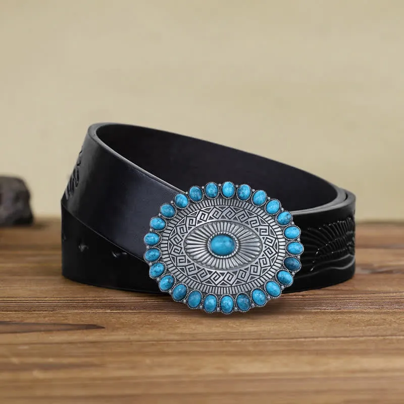 Men's DIY Oval Bohemia Turquoise Buckle Leather Belt