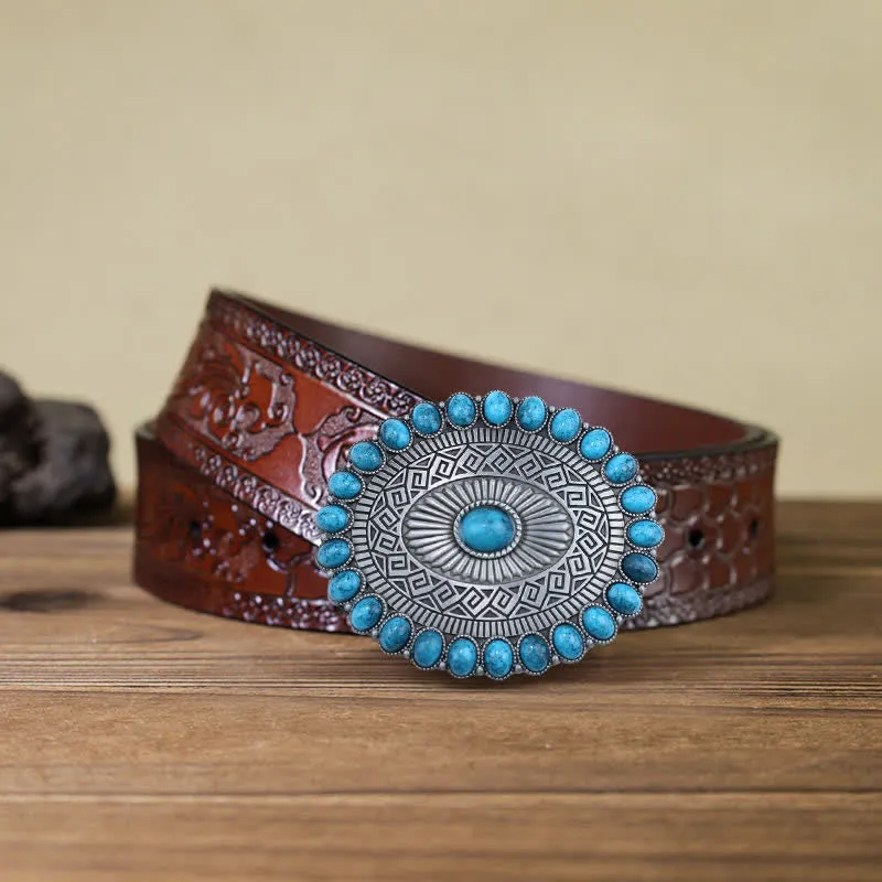 Men's DIY Oval Bohemia Turquoise Buckle Leather Belt